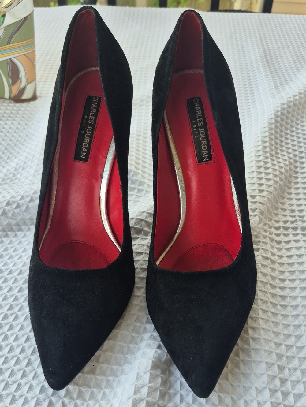 Charles Jourdan Black Suede Pumps with Red Lining